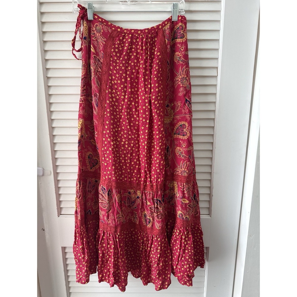 Vintage Bill Blass Maxi Skirt Size Small Floral Red Boho Cottage 90s Festival - Picture 5 of 9